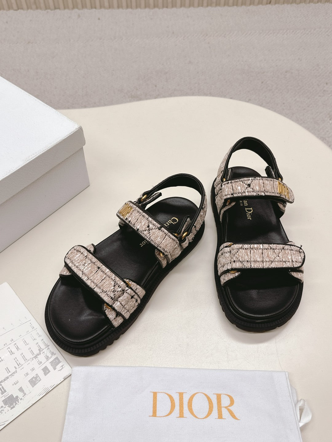 DIOR BACK-STRAP SANDALS 25S IN SOFT ROSE BEIGE TWEED AND BLACK CALFSKIN - 35