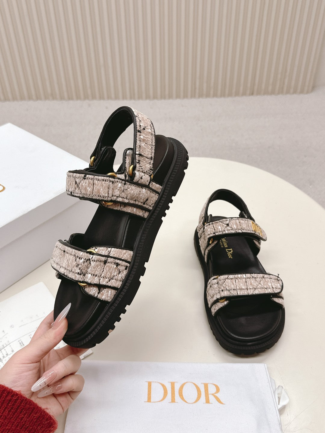 DIOR BACK-STRAP SANDALS 25S IN SOFT ROSE BEIGE TWEED AND BLACK CALFSKIN - 35
