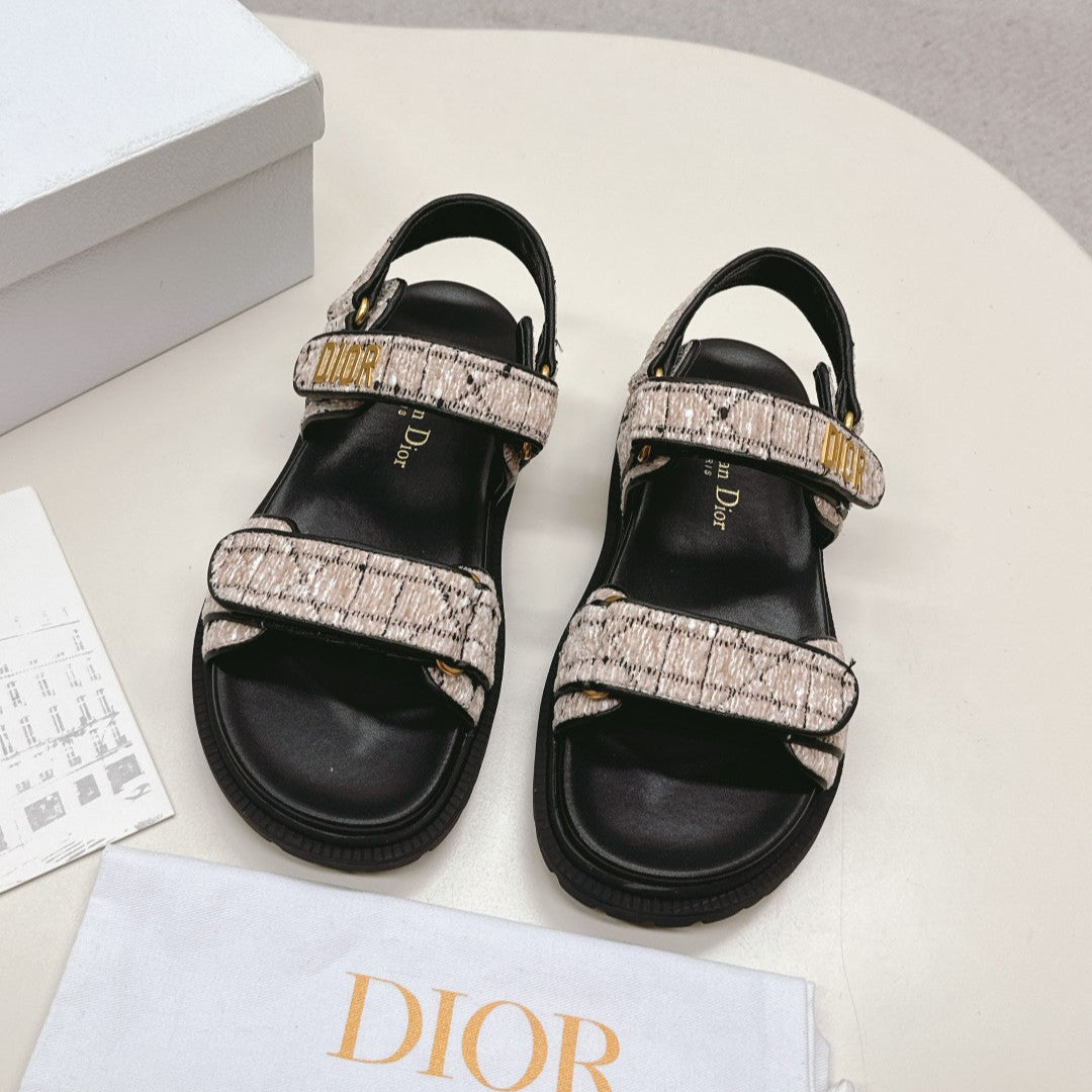 DIOR BACK-STRAP SANDALS 25S IN SOFT ROSE BEIGE TWEED AND BLACK CALFSKIN - 35