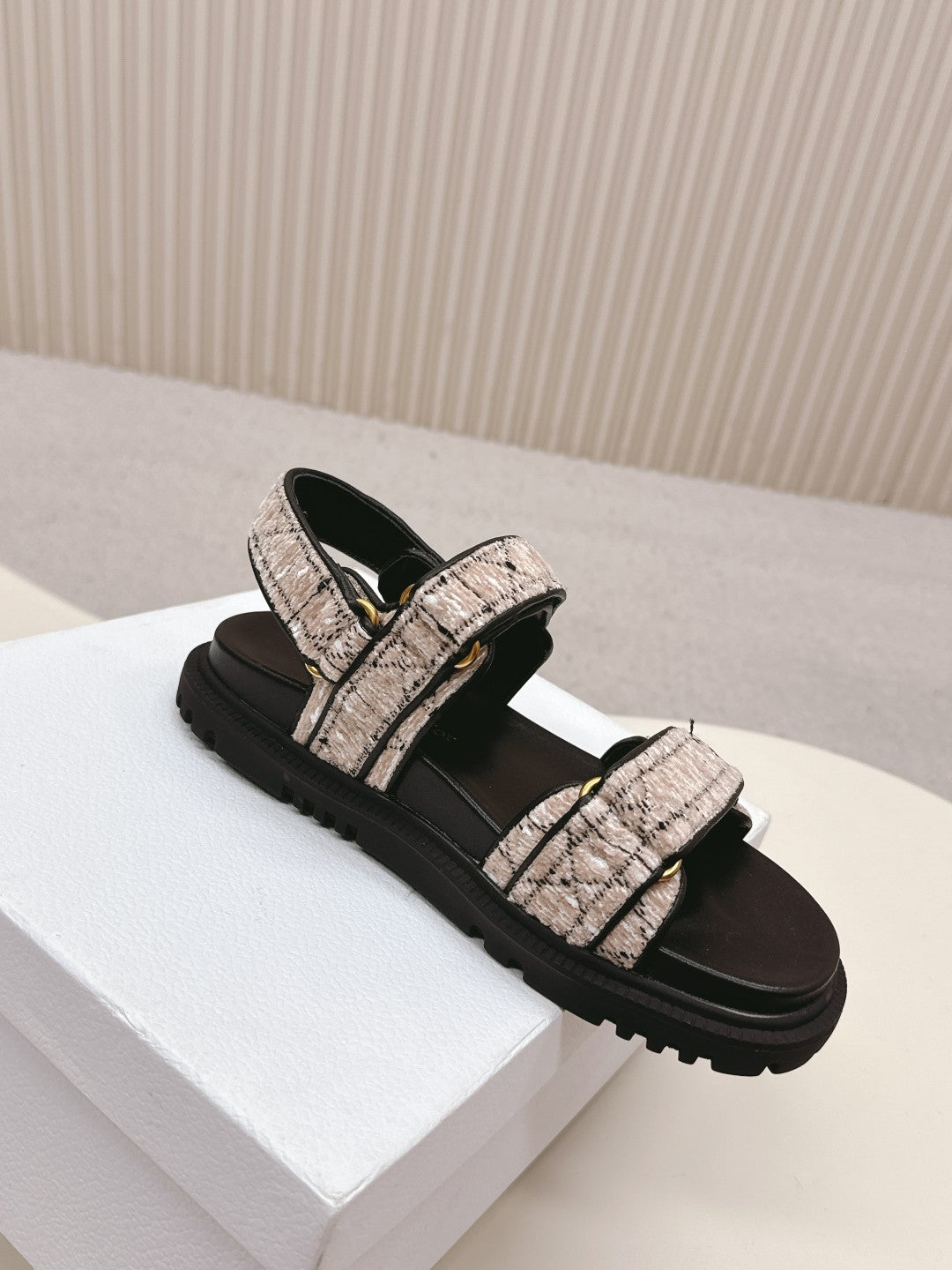 DIOR BACK-STRAP SANDALS 25S IN SOFT ROSE BEIGE TWEED AND BLACK CALFSKIN - 35