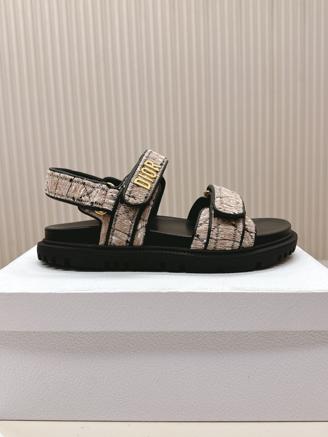 DIOR BACK-STRAP SANDALS 25S IN SOFT ROSE BEIGE TWEED AND BLACK CALFSKIN - 35
