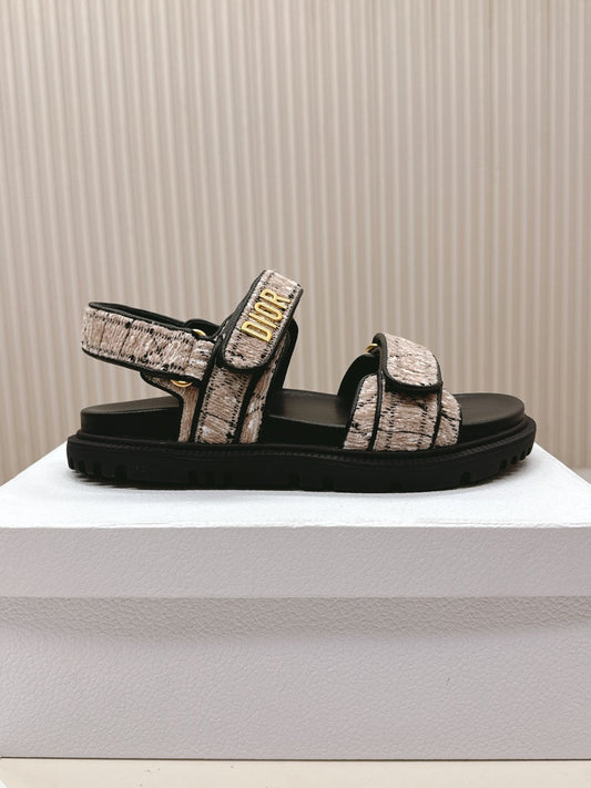 DIOR BACK-STRAP SANDALS 25S IN SOFT ROSE BEIGE TWEED AND BLACK CALFSKIN - 35