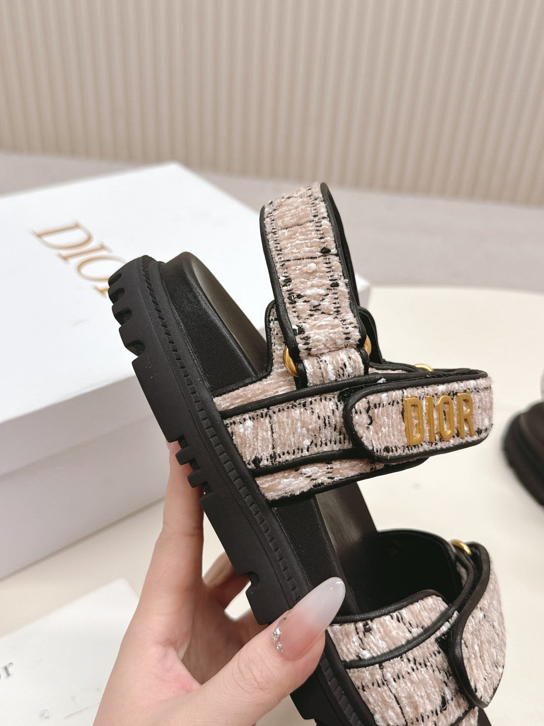 DIOR BACK-STRAP SANDALS 25S IN SOFT ROSE BEIGE TWEED AND BLACK CALFSKIN - 35