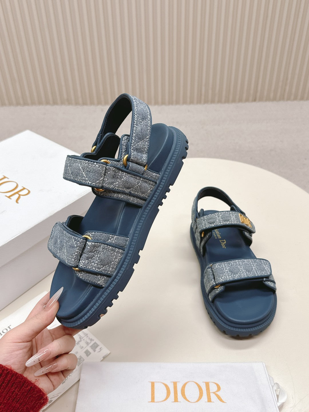 DIOR BACK-STRAP SANDALS 25S IN NAVY BLUE DENIM AND CALFSKIN - 35
