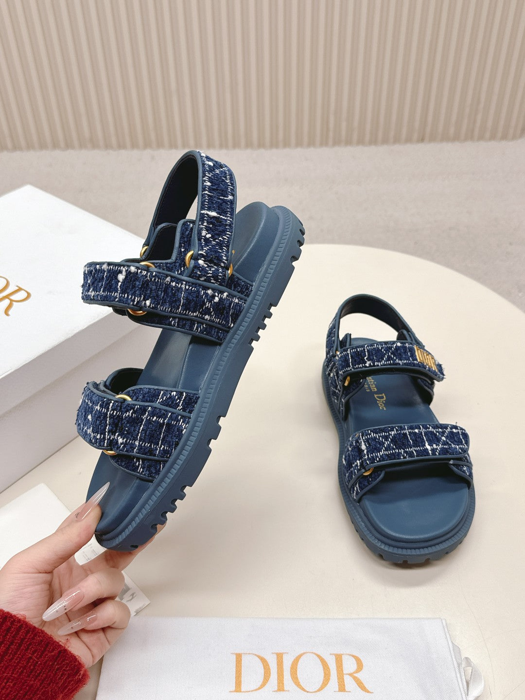 DIOR BACK-STRAP SANDALS 25S IN NAVY BLUE TWEED AND CALFSKIN - 35