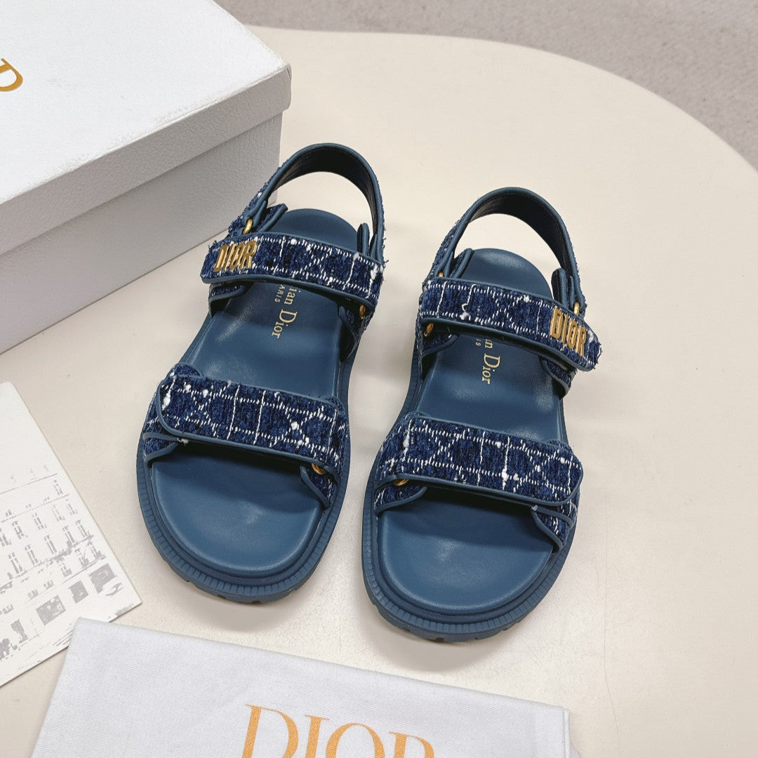 DIOR BACK-STRAP SANDALS 25S IN NAVY BLUE TWEED AND CALFSKIN - 35