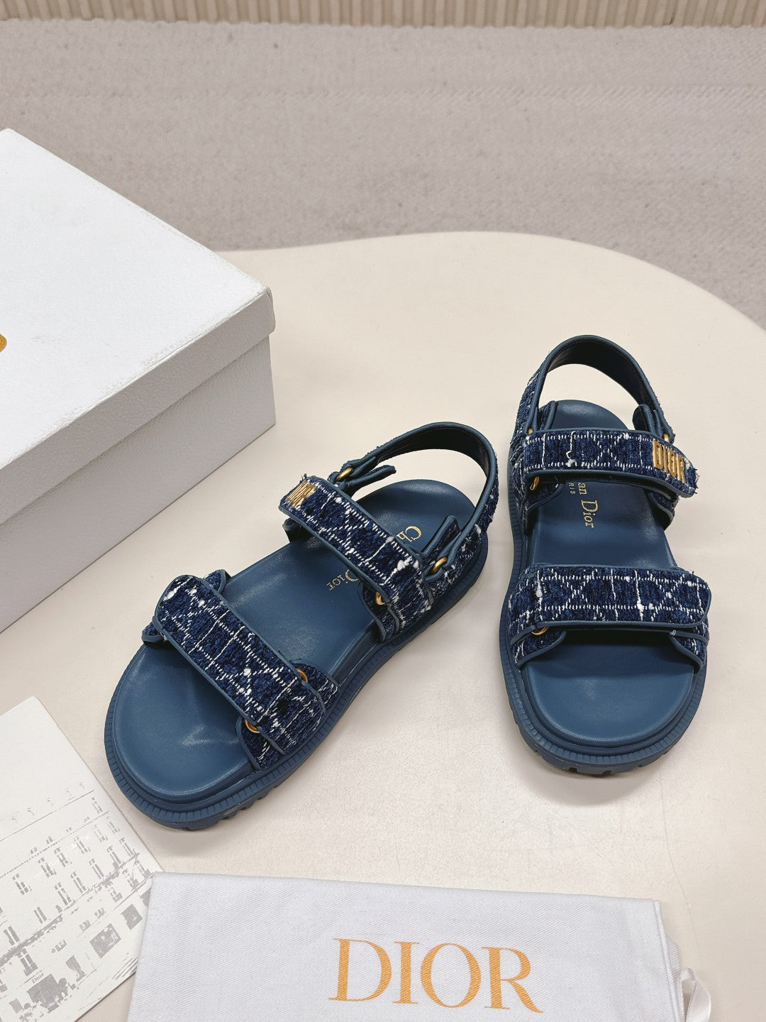 DIOR BACK-STRAP SANDALS 25S IN NAVY BLUE TWEED AND CALFSKIN - 35