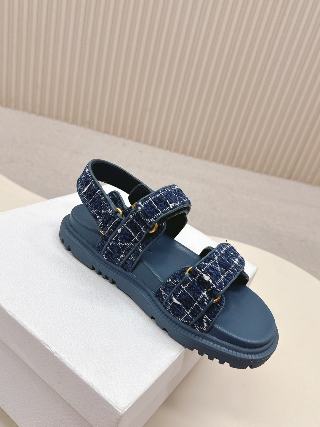 DIOR BACK-STRAP SANDALS 25S IN NAVY BLUE TWEED AND CALFSKIN - 35