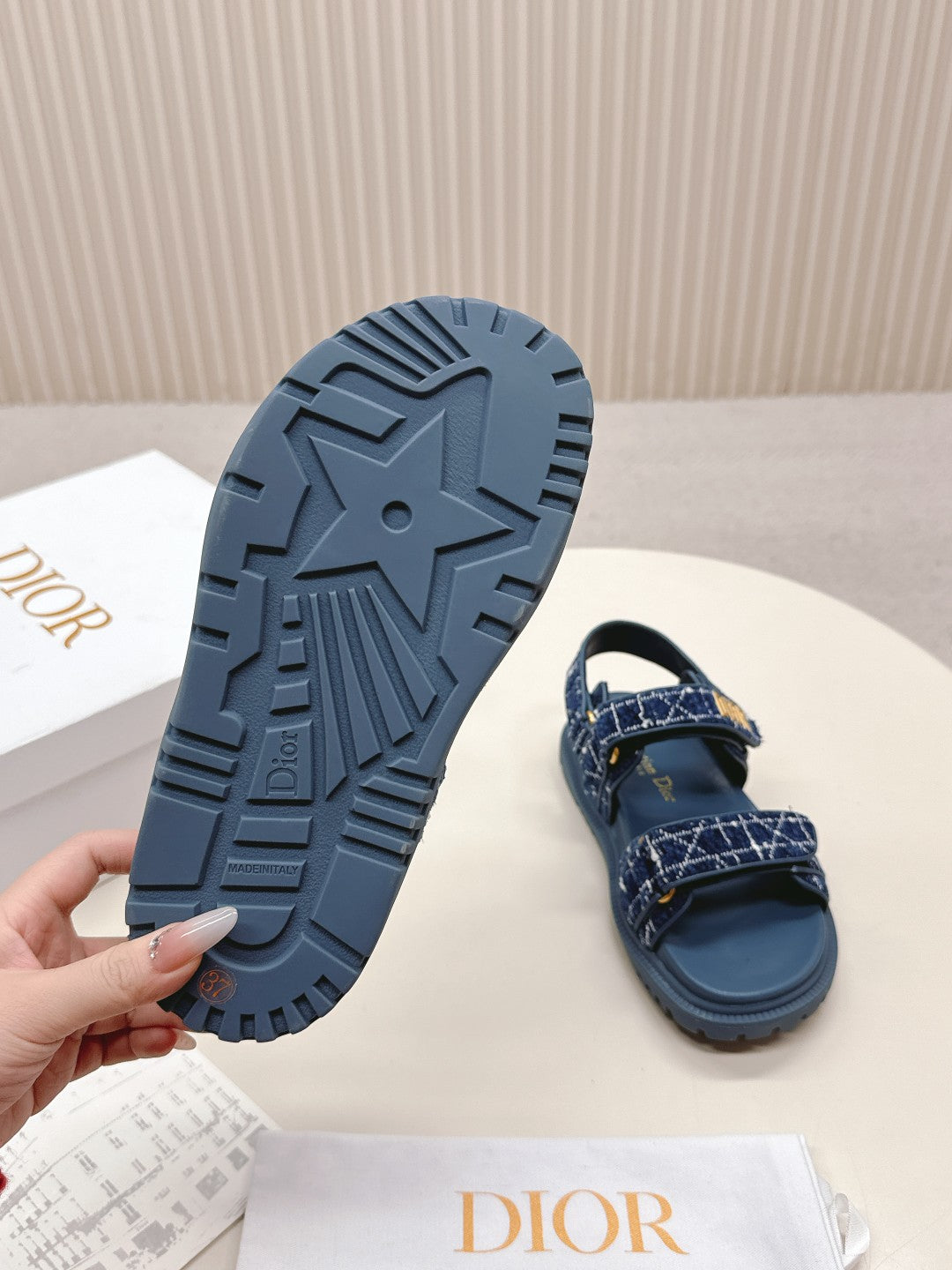 DIOR BACK-STRAP SANDALS 25S IN NAVY BLUE TWEED AND CALFSKIN - 35
