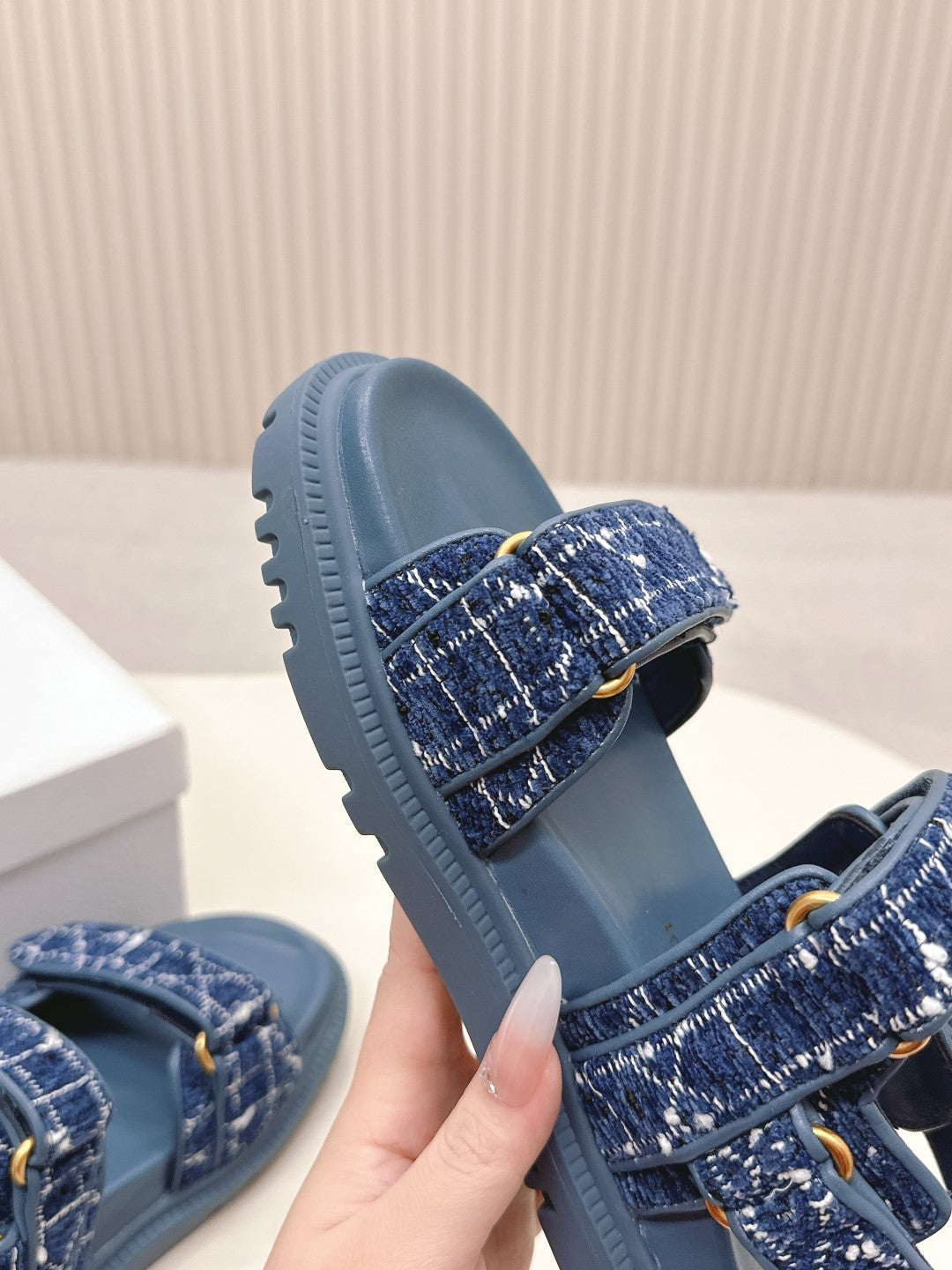DIOR BACK-STRAP SANDALS 25S IN NAVY BLUE TWEED AND CALFSKIN - 35