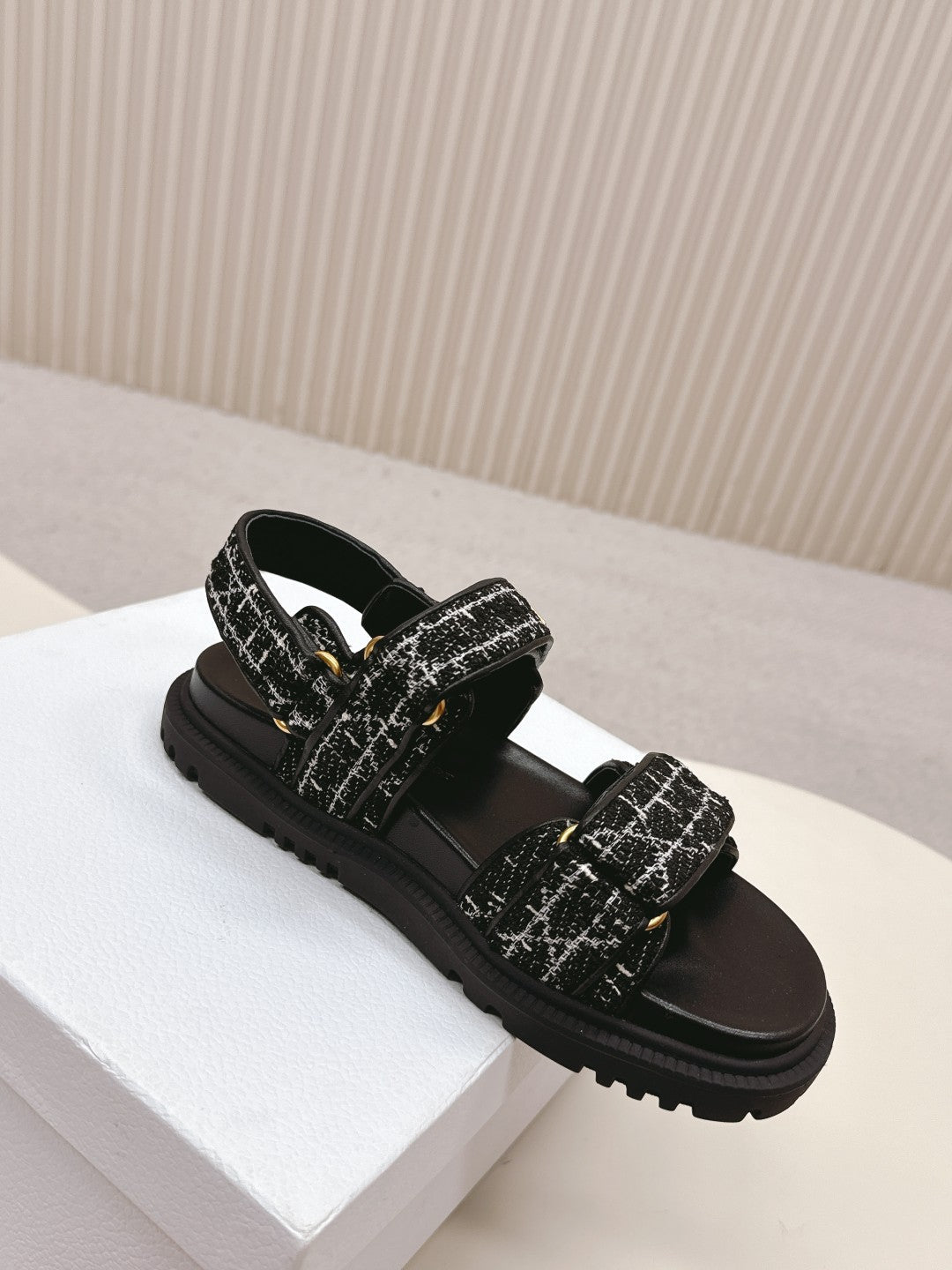DIOR BACK-STRAP SANDALS 25S IN BLACK TWEED AND CALFSKIN - 35