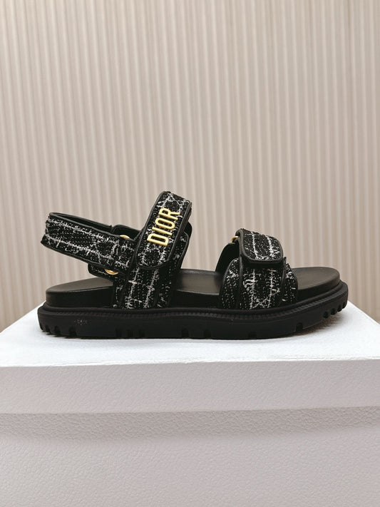 DIOR BACK-STRAP SANDALS 25S IN BLACK TWEED AND CALFSKIN - 35