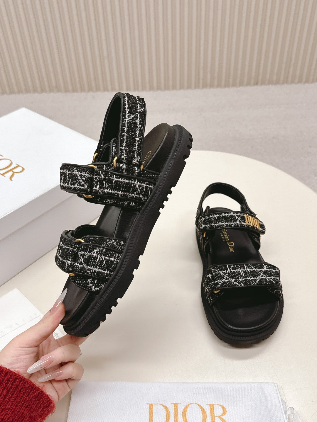 DIOR BACK-STRAP SANDALS 25S IN BLACK TWEED AND CALFSKIN - 35