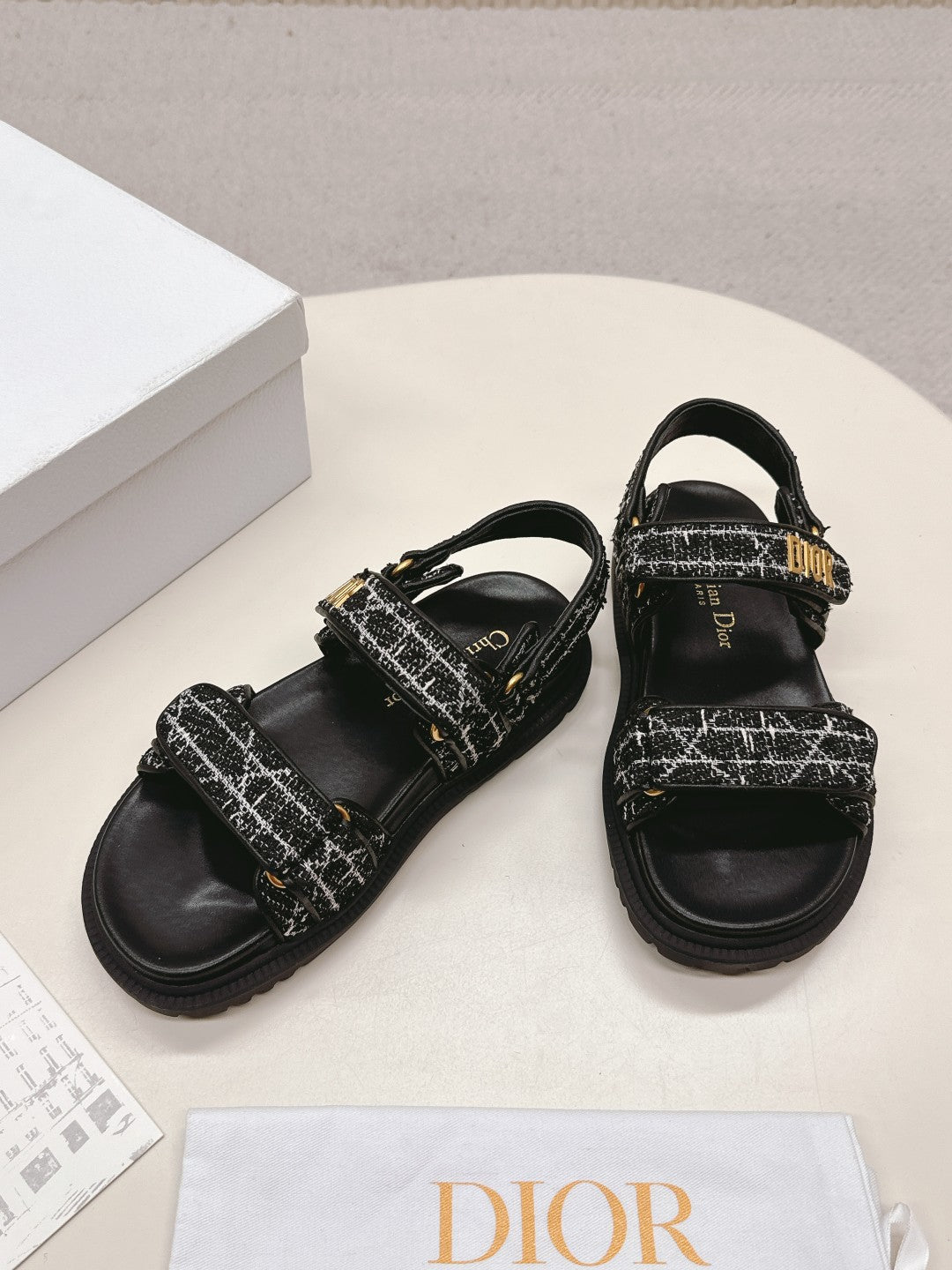 DIOR BACK-STRAP SANDALS 25S IN BLACK TWEED AND CALFSKIN - 35