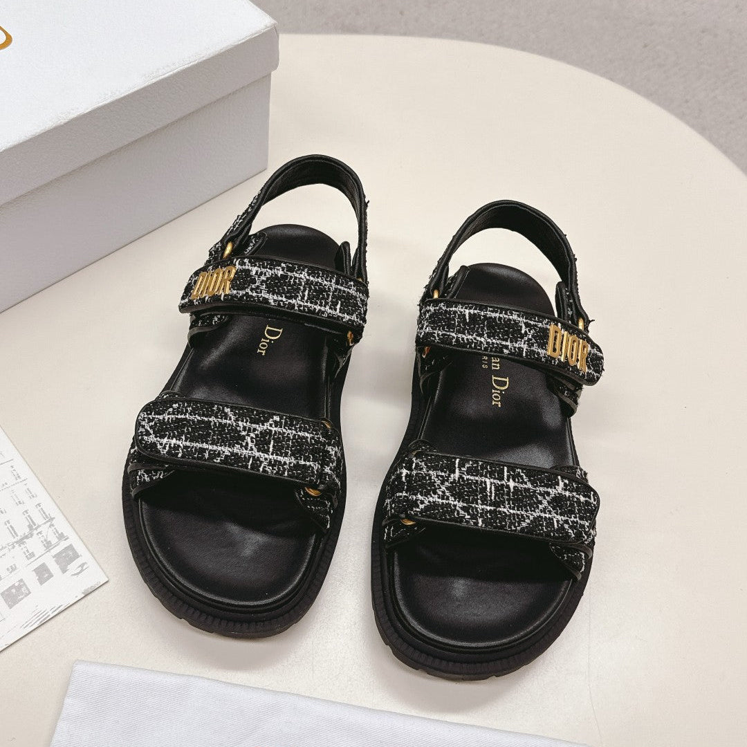 DIOR BACK-STRAP SANDALS 25S IN BLACK TWEED AND CALFSKIN - 35