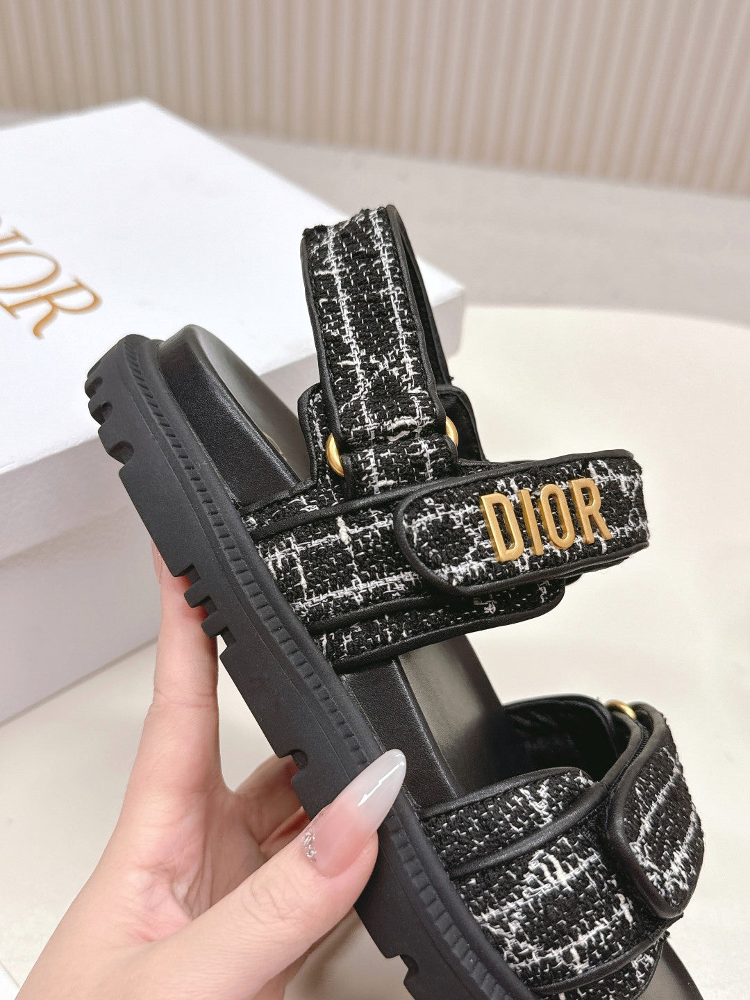 DIOR BACK-STRAP SANDALS 25S IN BLACK TWEED AND CALFSKIN - 35