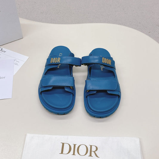 DIOR CLASSIC DOUBLE-STRAP SLIDES 25S IN OCEAN BLUE CALFSKIN - 35