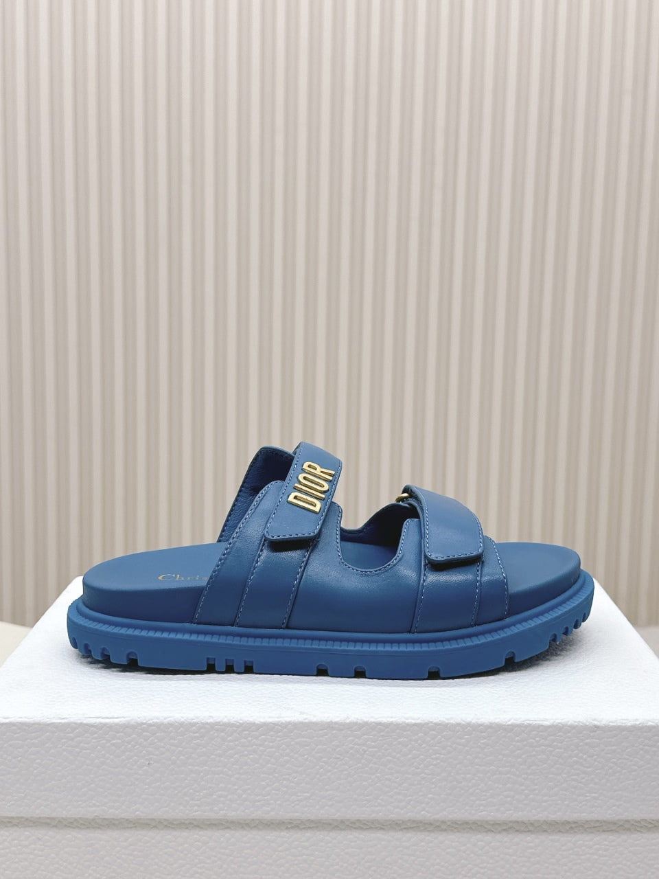 DIOR CLASSIC DOUBLE-STRAP SLIDES 25S IN OCEAN BLUE CALFSKIN - 35