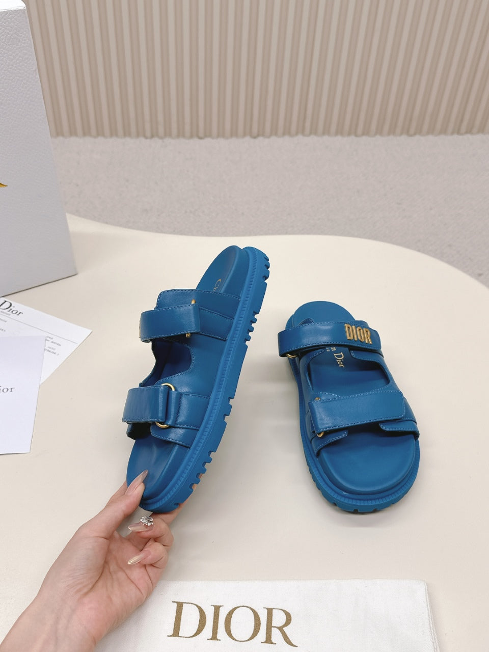 DIOR CLASSIC DOUBLE-STRAP SLIDES 25S IN OCEAN BLUE CALFSKIN - 35