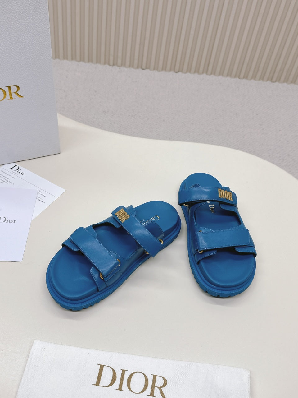 DIOR CLASSIC DOUBLE-STRAP SLIDES 25S IN OCEAN BLUE CALFSKIN - 35