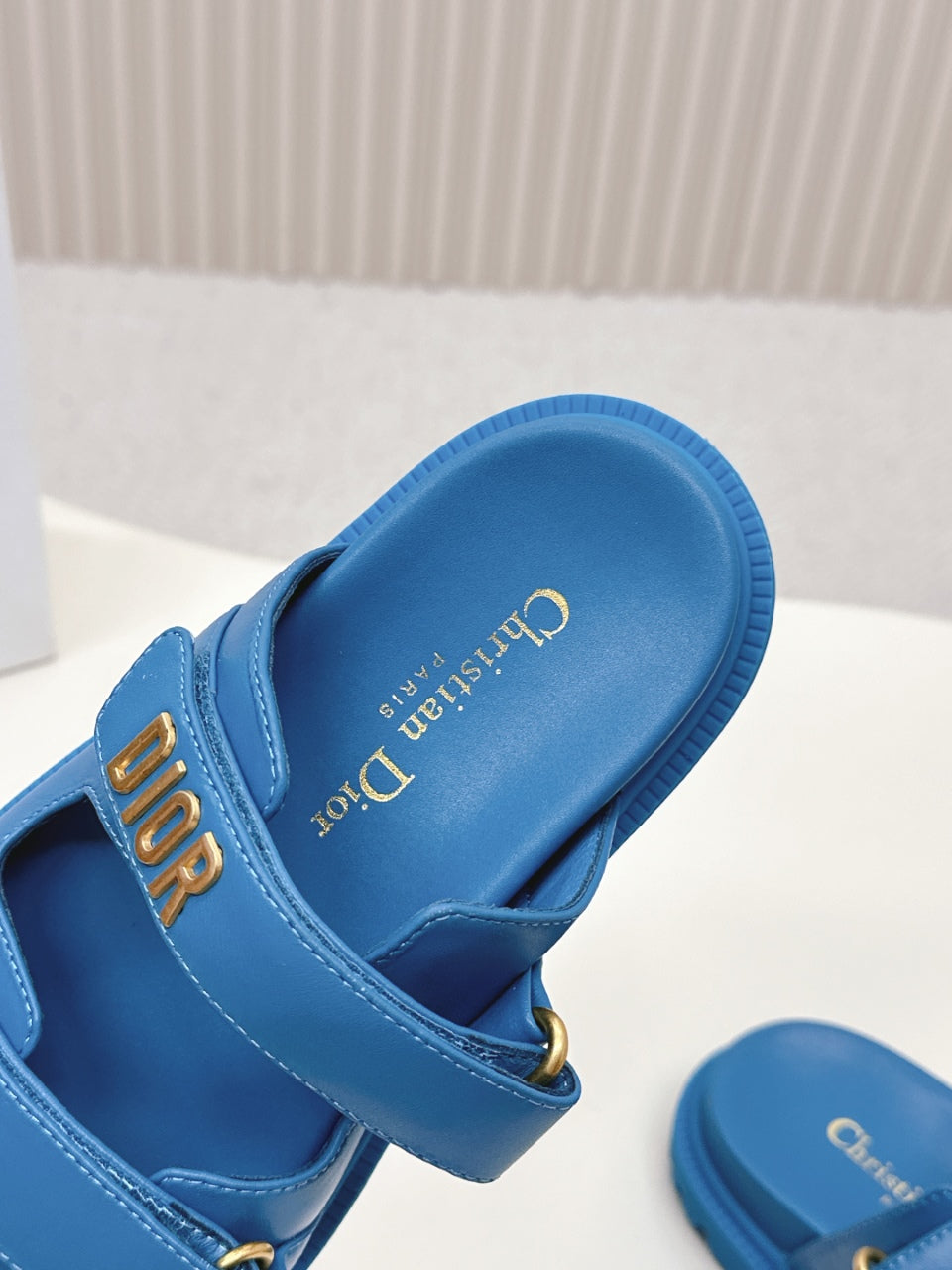 DIOR CLASSIC DOUBLE-STRAP SLIDES 25S IN OCEAN BLUE CALFSKIN - 35