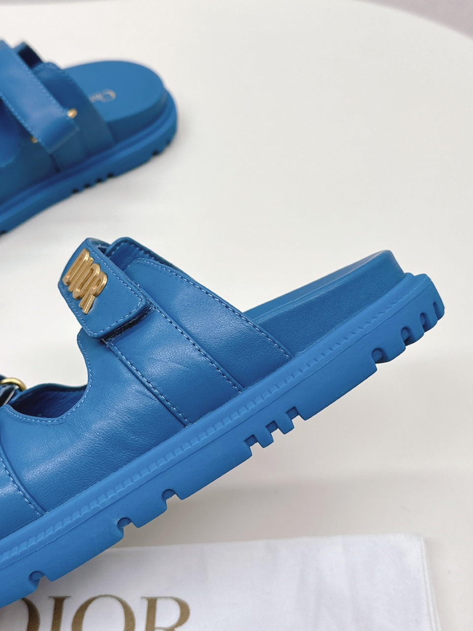 DIOR CLASSIC DOUBLE-STRAP SLIDES 25S IN OCEAN BLUE CALFSKIN - 35