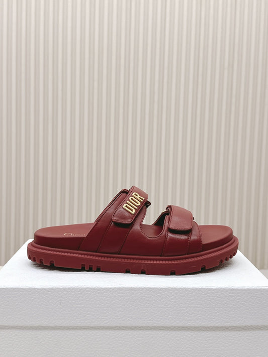 DIOR CLASSIC DOUBLE-STRAP SLIDES 25S IN DARK RED CALFSKIN - 35