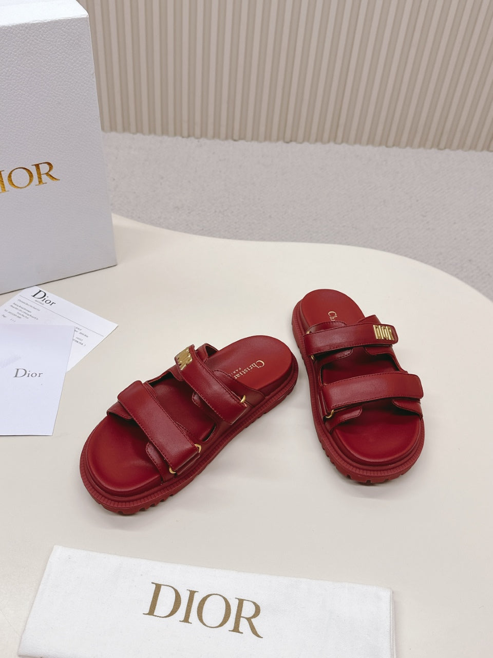 DIOR CLASSIC DOUBLE-STRAP SLIDES 25S IN DARK RED CALFSKIN - 35