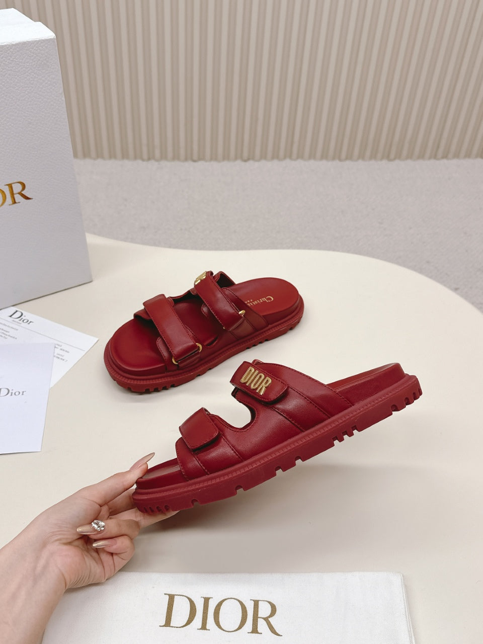 DIOR CLASSIC DOUBLE-STRAP SLIDES 25S IN DARK RED CALFSKIN - 35