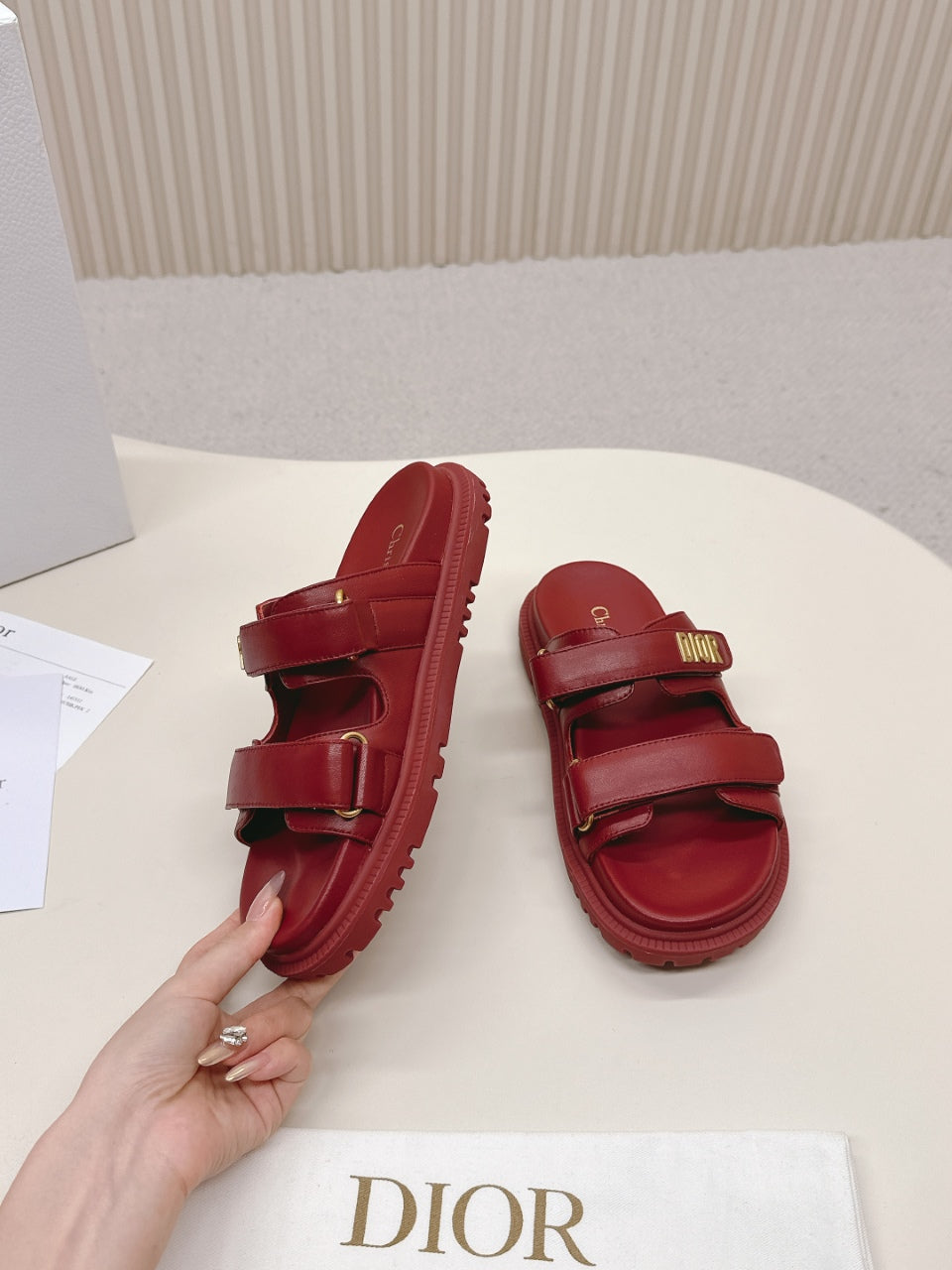 DIOR CLASSIC DOUBLE-STRAP SLIDES 25S IN DARK RED CALFSKIN - 35