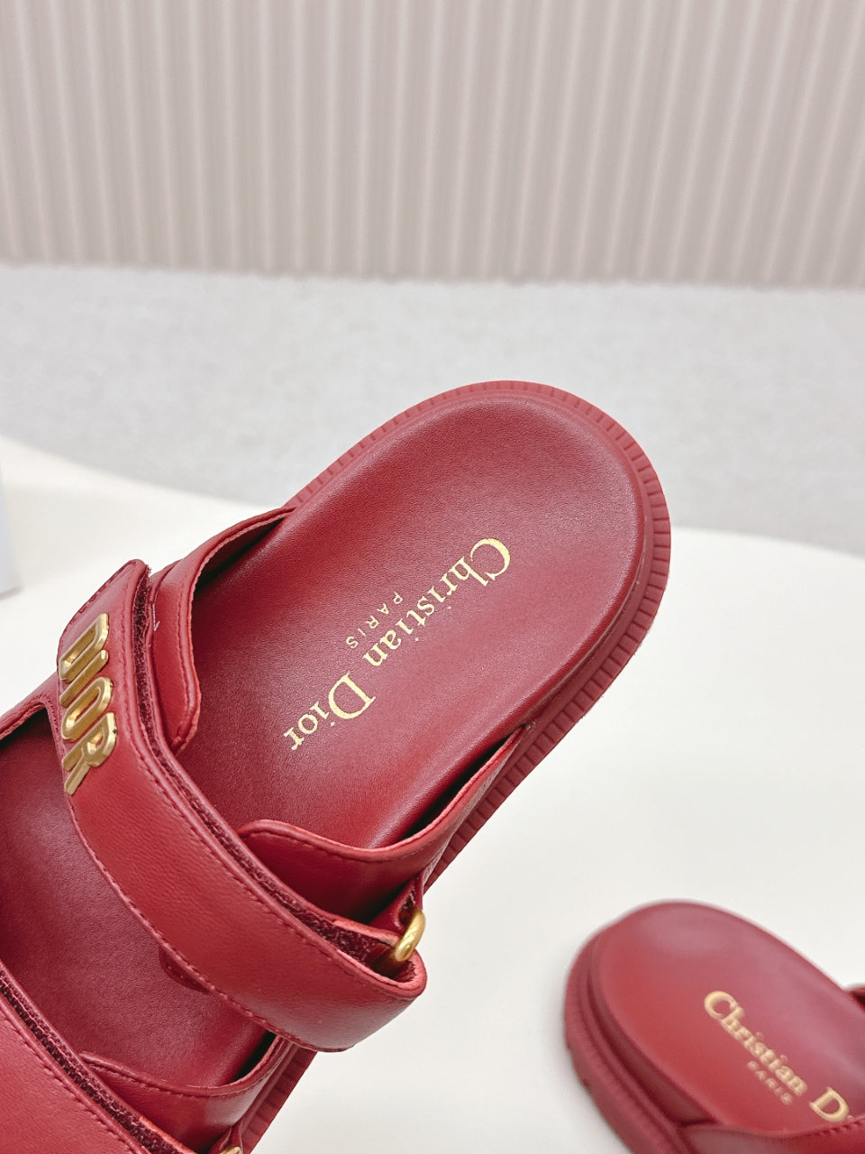 DIOR CLASSIC DOUBLE-STRAP SLIDES 25S IN DARK RED CALFSKIN - 35