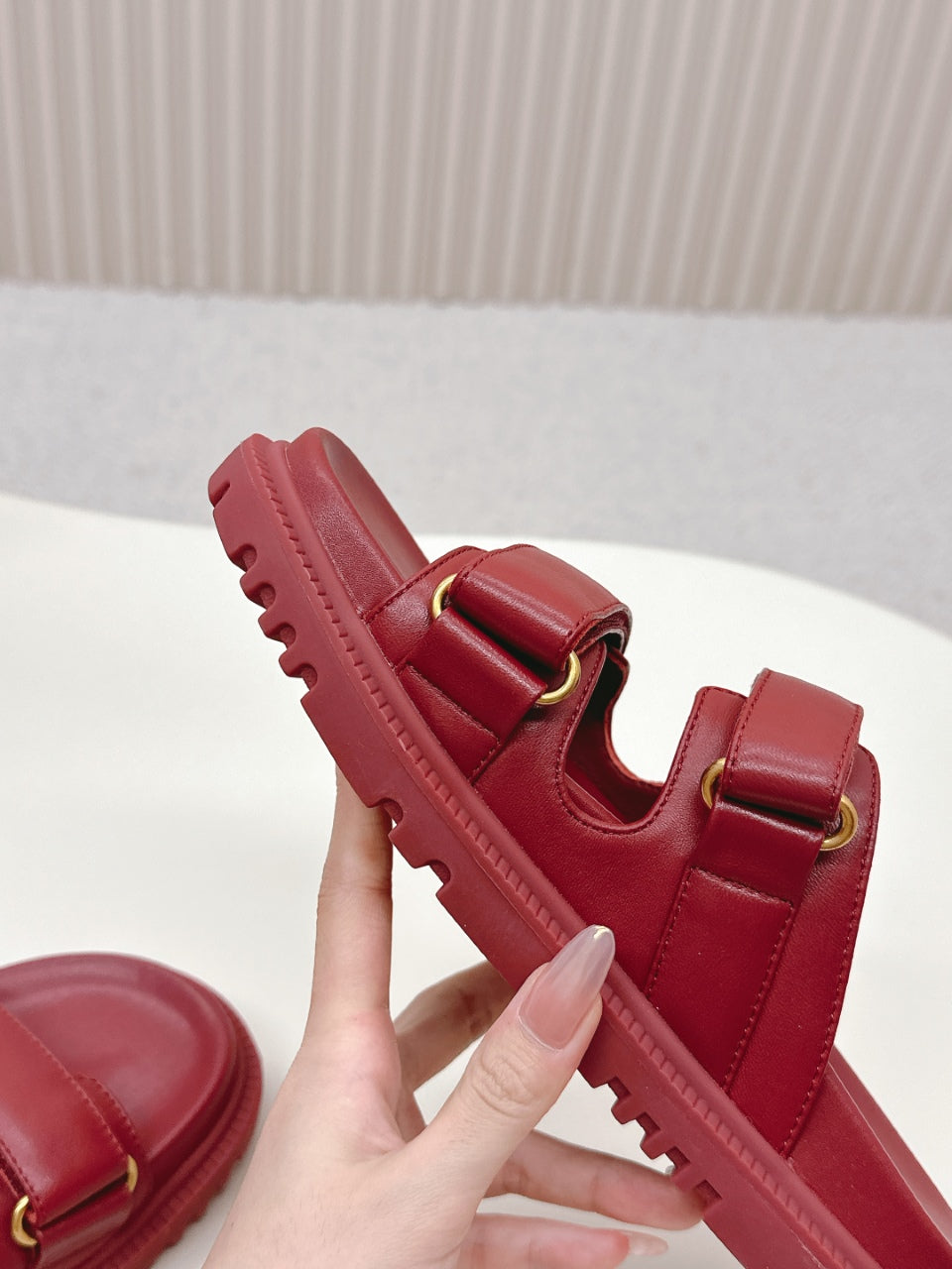 DIOR CLASSIC DOUBLE-STRAP SLIDES 25S IN DARK RED CALFSKIN - 35