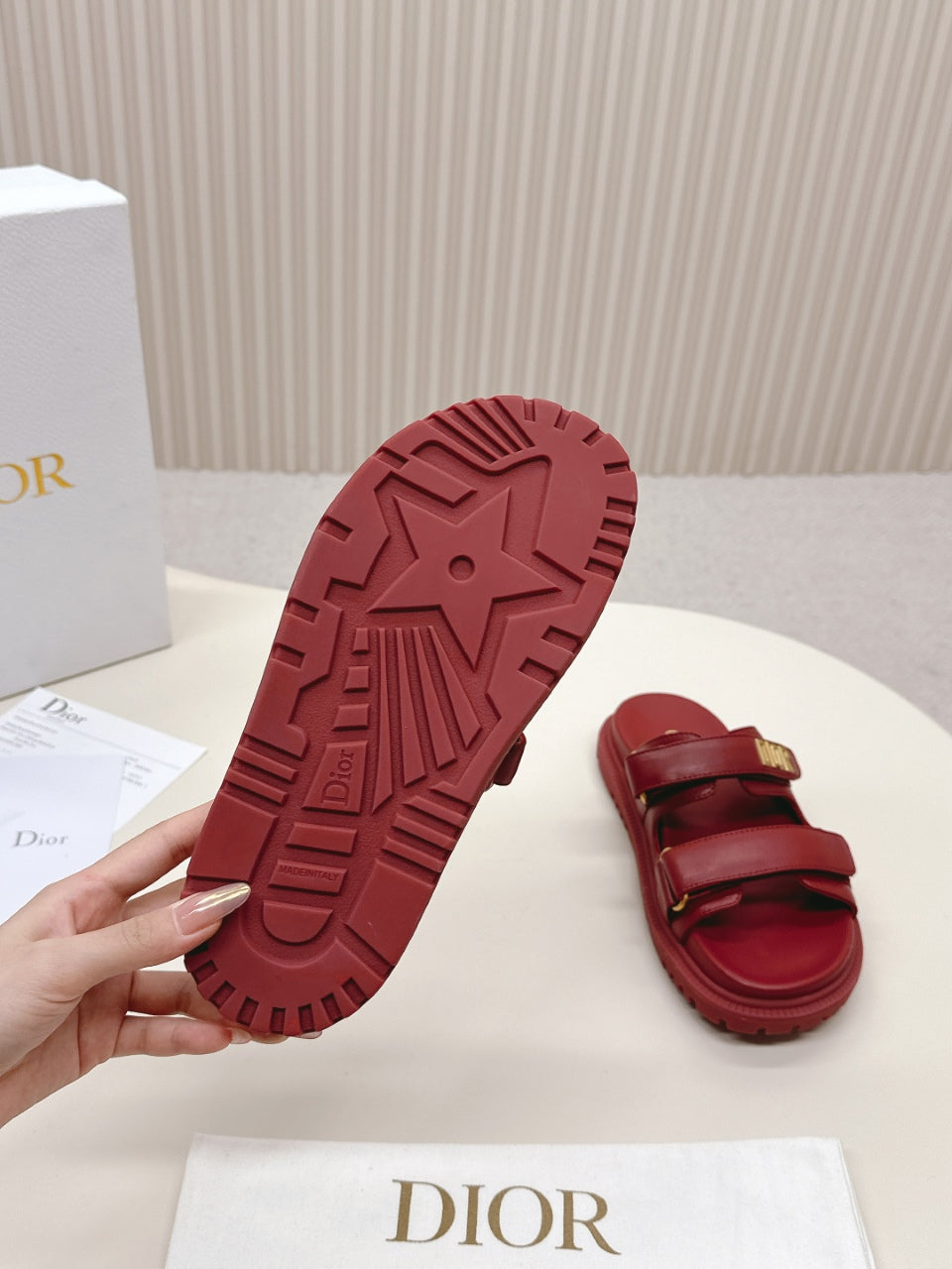 DIOR CLASSIC DOUBLE-STRAP SLIDES 25S IN DARK RED CALFSKIN - 35