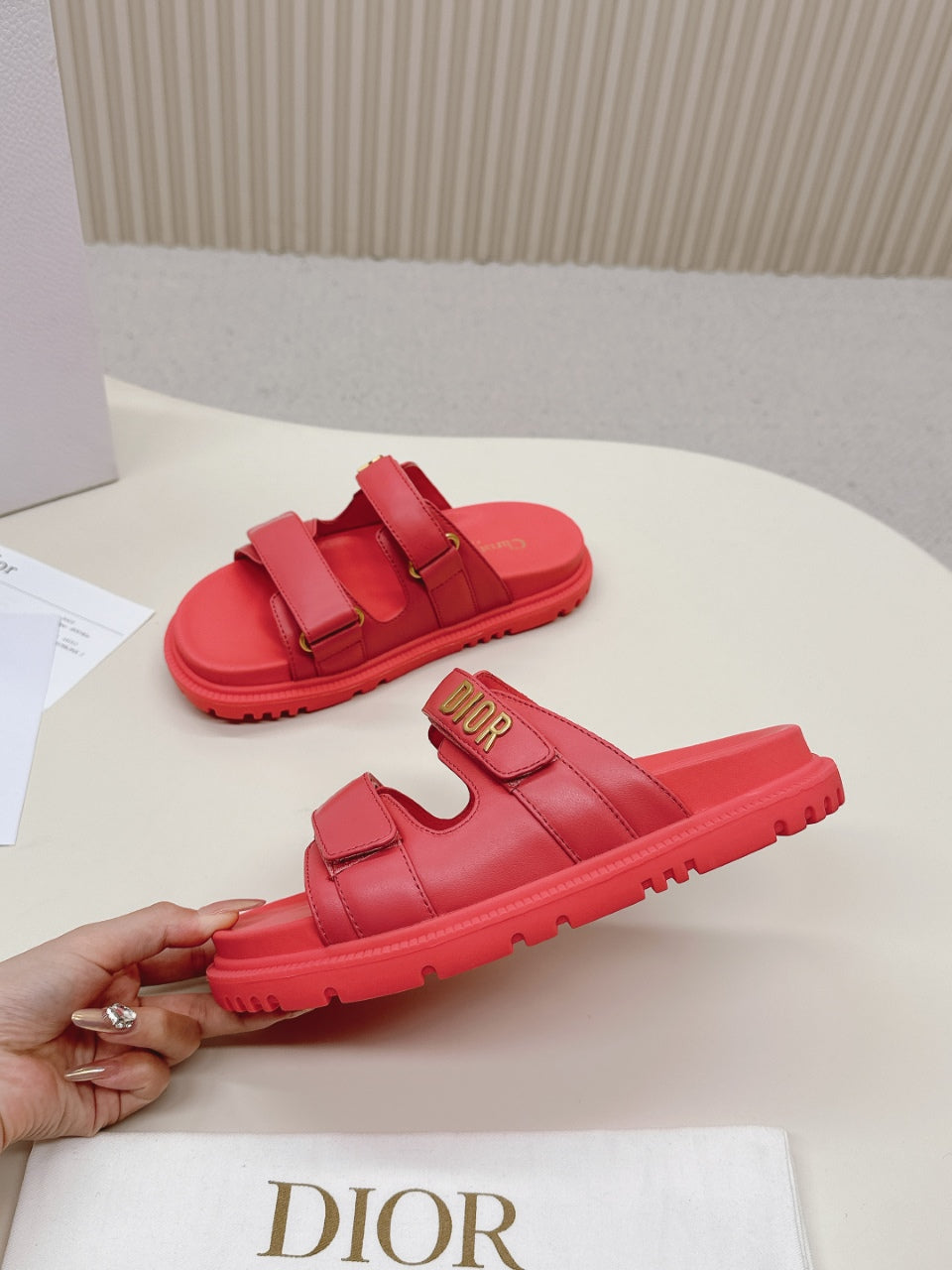 DIOR CLASSIC DOUBLE-STRAP SLIDES 25S IN STRAWBERRY PINK CALFSKIN - 35