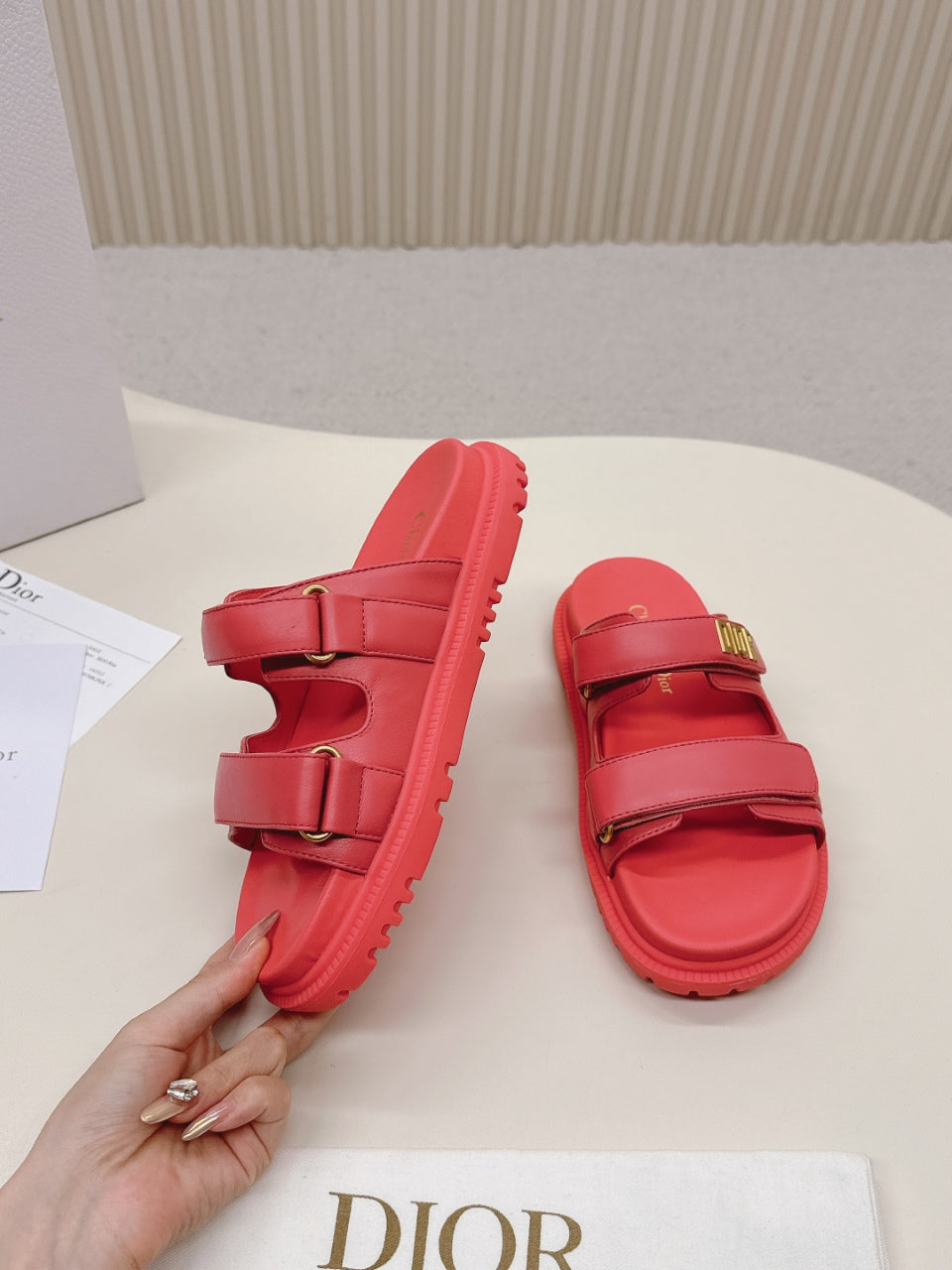 DIOR CLASSIC DOUBLE-STRAP SLIDES 25S IN STRAWBERRY PINK CALFSKIN - 35