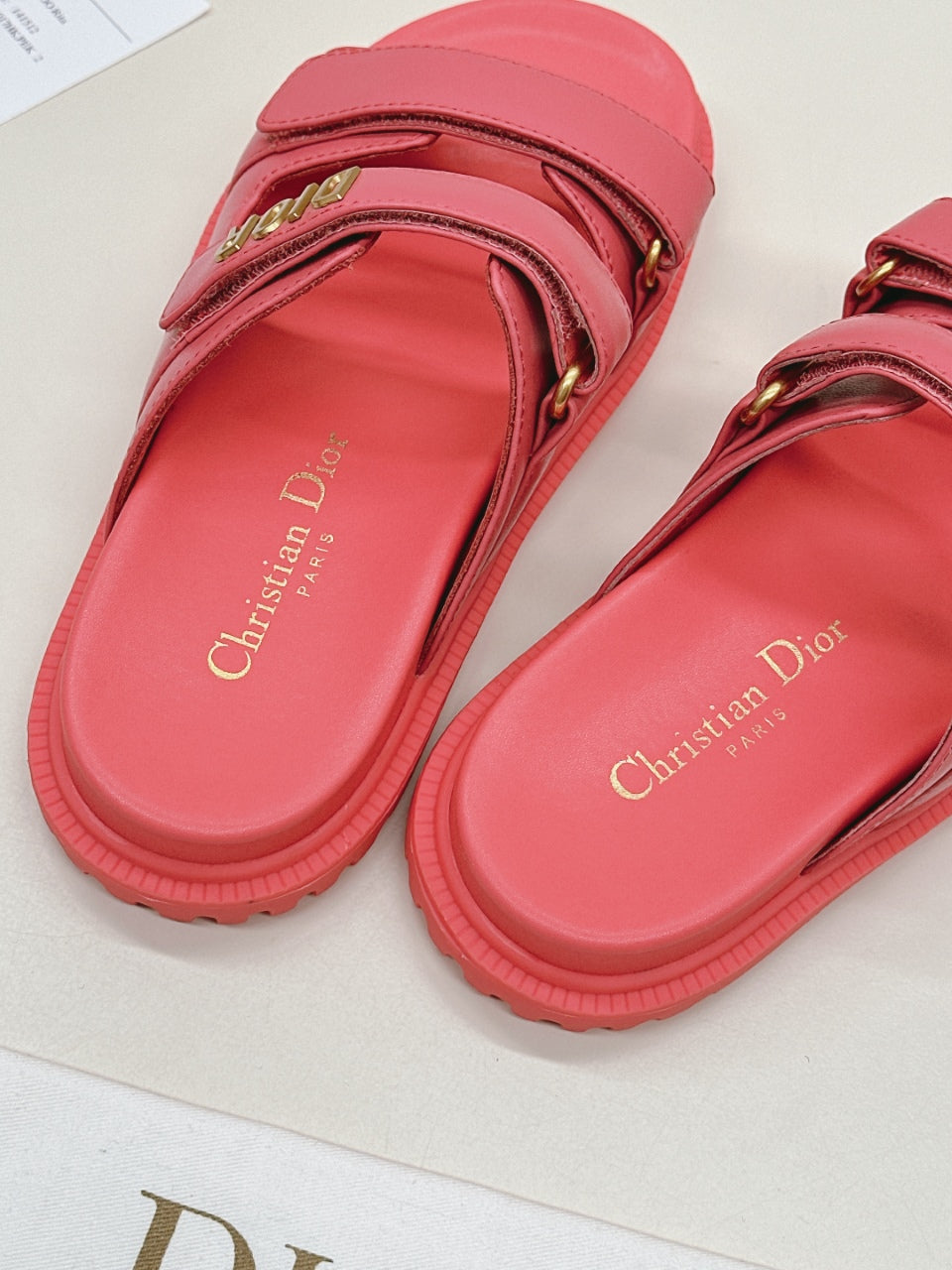 DIOR CLASSIC DOUBLE-STRAP SLIDES 25S IN STRAWBERRY PINK CALFSKIN - 35