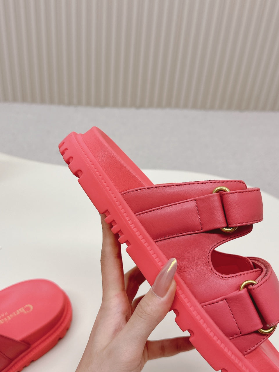 DIOR CLASSIC DOUBLE-STRAP SLIDES 25S IN STRAWBERRY PINK CALFSKIN - 35