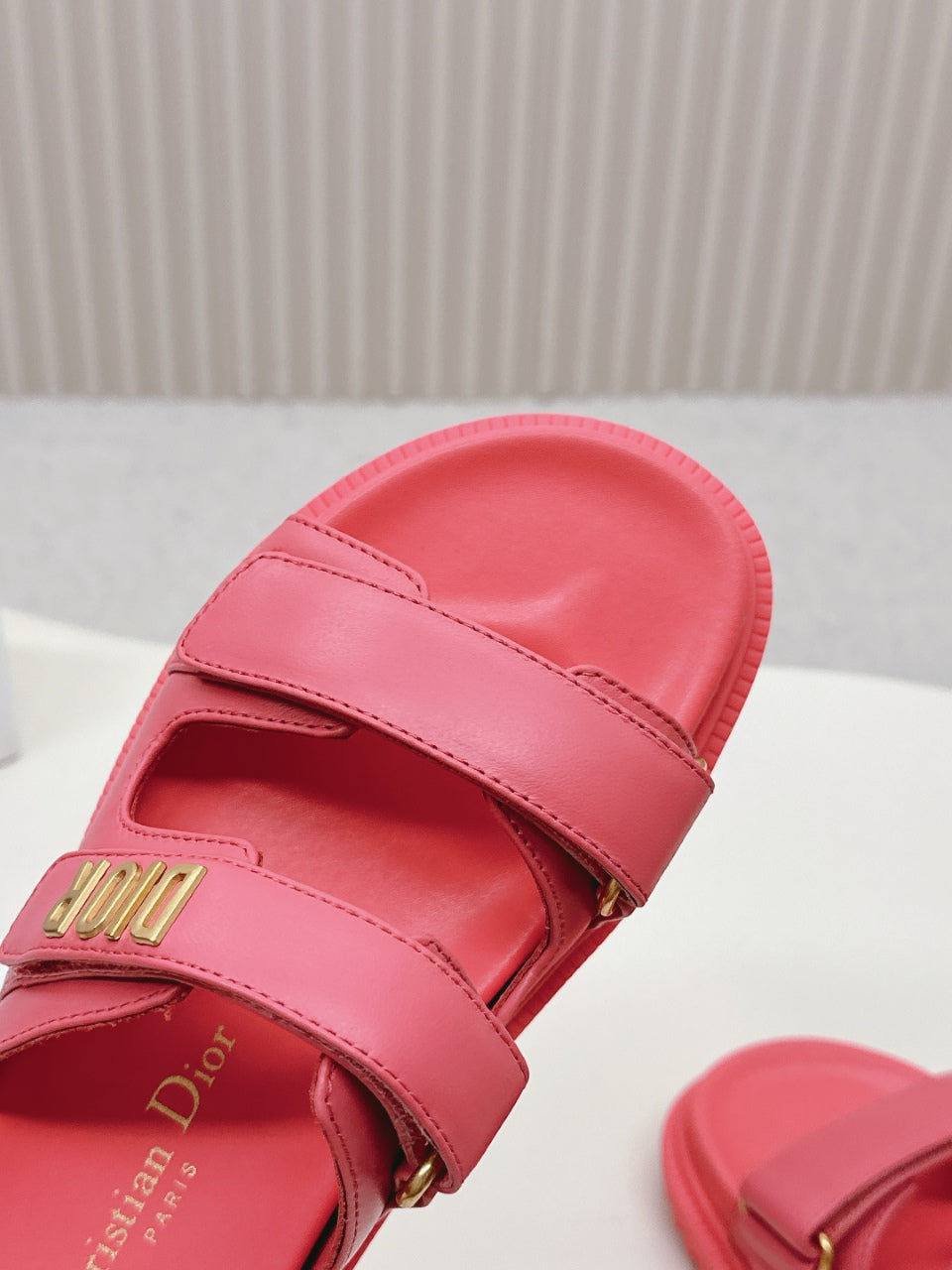 DIOR CLASSIC DOUBLE-STRAP SLIDES 25S IN STRAWBERRY PINK CALFSKIN - 35