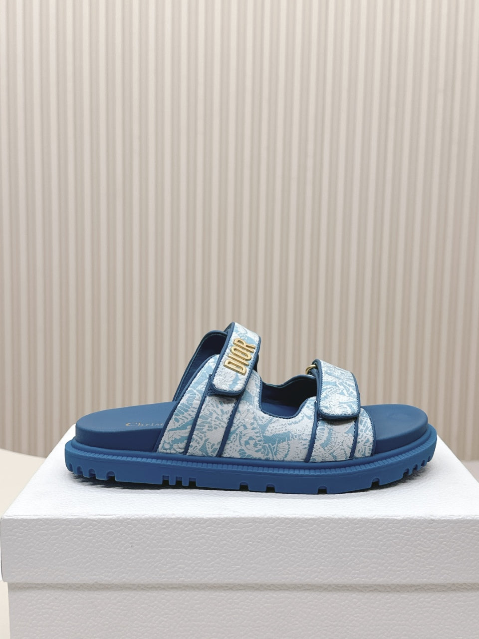 DIOR CLASSIC DOUBLE-STRAP SLIDES 25S IN OCEAN BLUE FABRIC AND CALFSKIN - 35