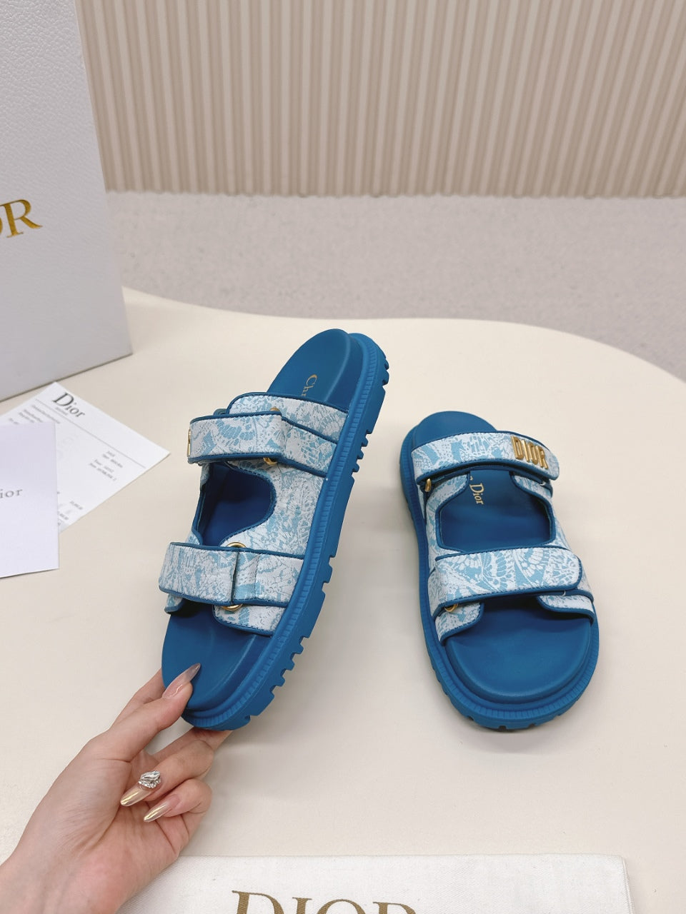 DIOR CLASSIC DOUBLE-STRAP SLIDES 25S IN OCEAN BLUE FABRIC AND CALFSKIN - 35