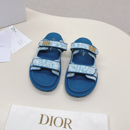DIOR CLASSIC DOUBLE-STRAP SLIDES 25S IN OCEAN BLUE FABRIC AND CALFSKIN - 35