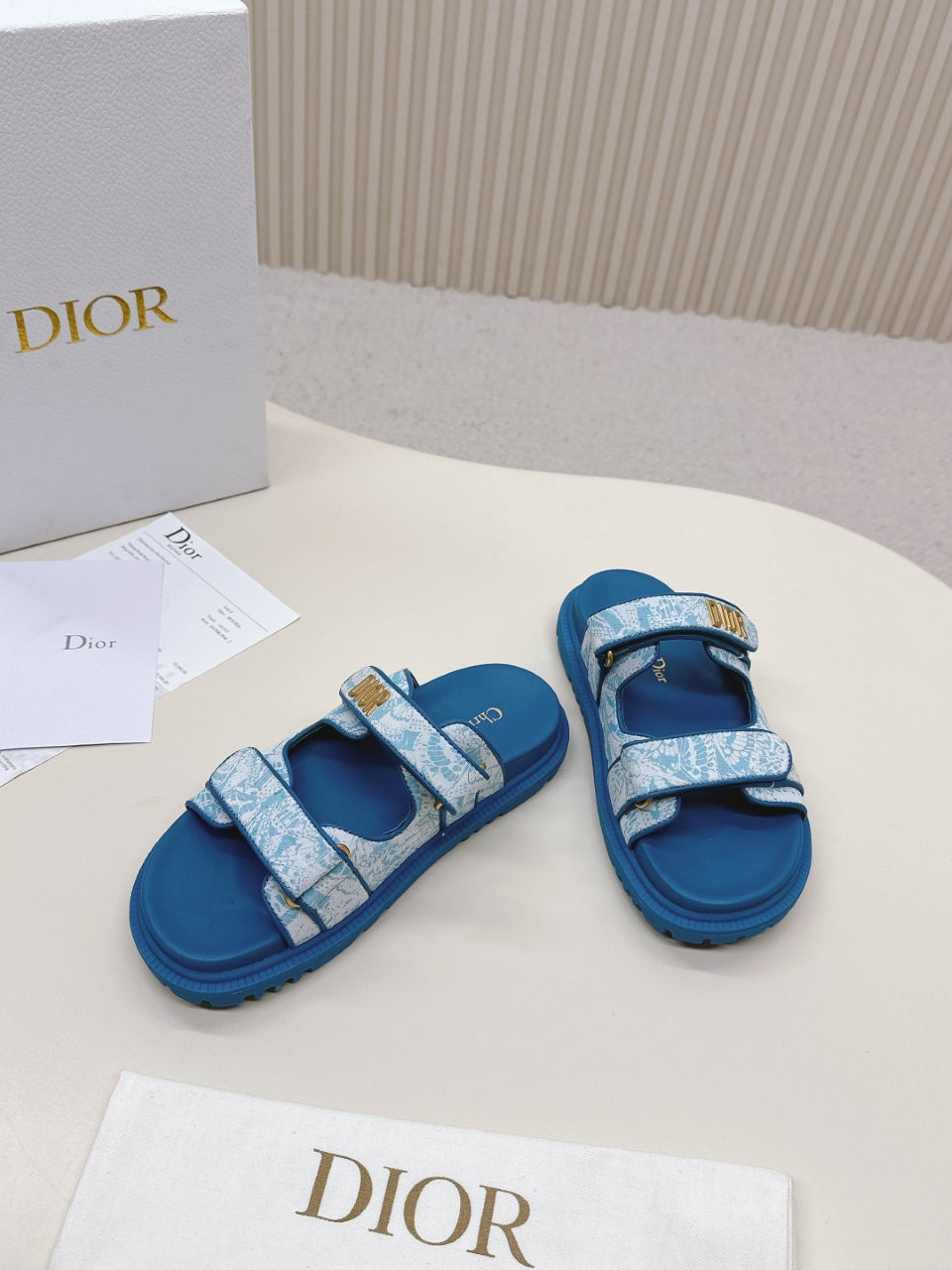 DIOR CLASSIC DOUBLE-STRAP SLIDES 25S IN OCEAN BLUE FABRIC AND CALFSKIN - 35