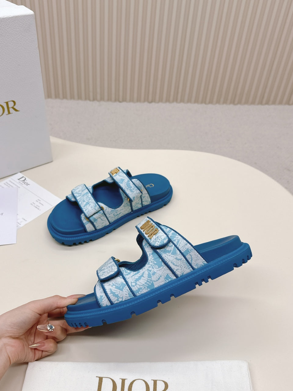 DIOR CLASSIC DOUBLE-STRAP SLIDES 25S IN OCEAN BLUE FABRIC AND CALFSKIN - 35