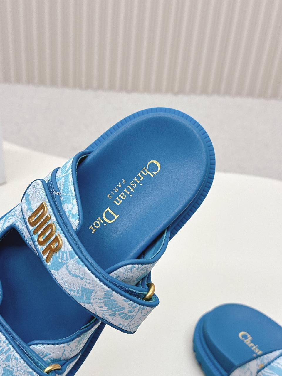 DIOR CLASSIC DOUBLE-STRAP SLIDES 25S IN OCEAN BLUE FABRIC AND CALFSKIN - 35