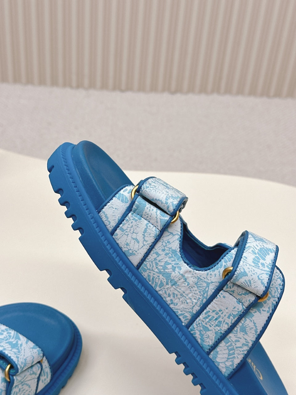 DIOR CLASSIC DOUBLE-STRAP SLIDES 25S IN OCEAN BLUE FABRIC AND CALFSKIN - 35