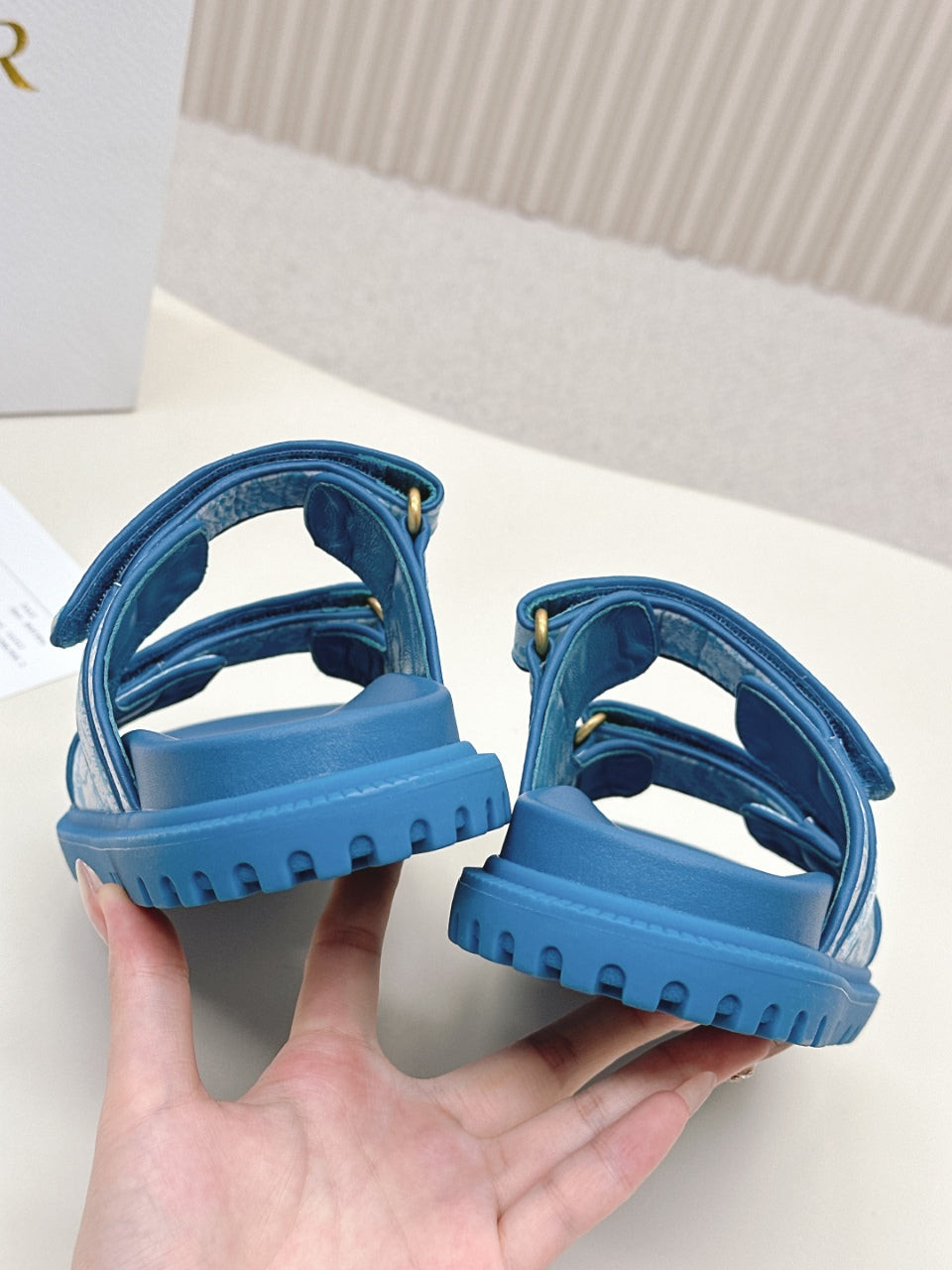 DIOR CLASSIC DOUBLE-STRAP SLIDES 25S IN OCEAN BLUE FABRIC AND CALFSKIN - 35