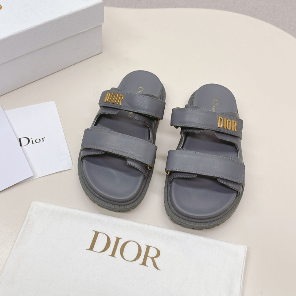 DIOR CLASSIC DOUBLE-STRAP SLIDES 25S IN ASH GRAY CALFSKIN - 35