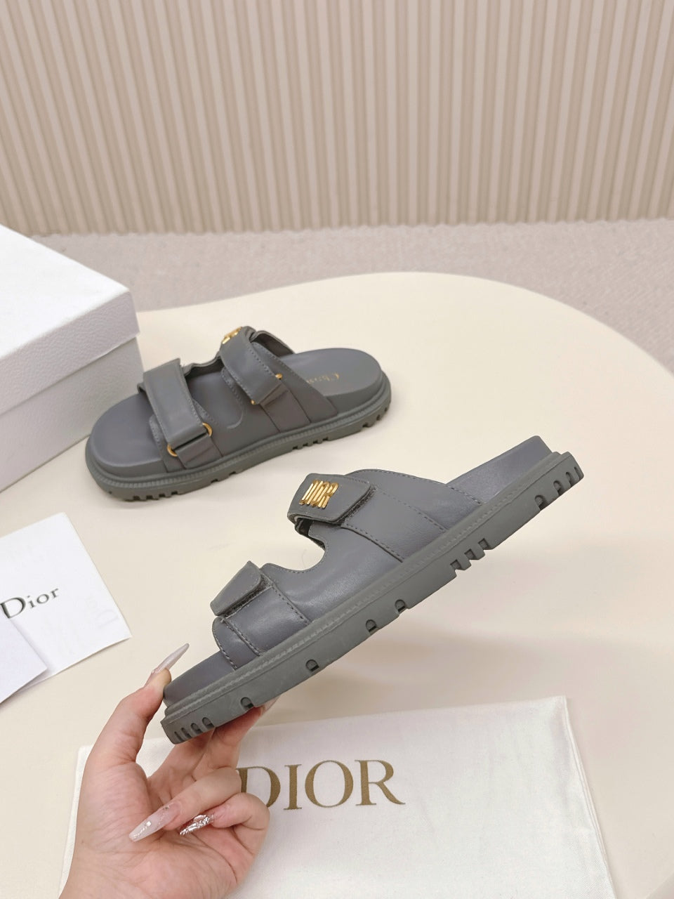 DIOR CLASSIC DOUBLE-STRAP SLIDES 25S IN ASH GRAY CALFSKIN - 35