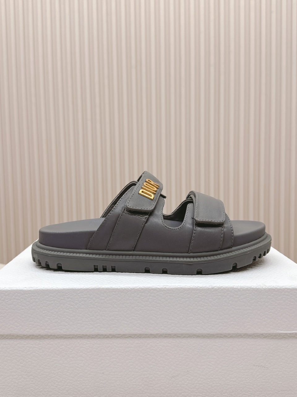 DIOR CLASSIC DOUBLE-STRAP SLIDES 25S IN ASH GRAY CALFSKIN - 35