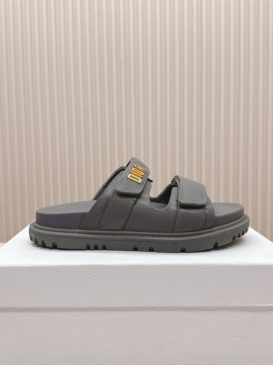 DIOR CLASSIC DOUBLE-STRAP SLIDES 25S IN ASH GRAY CALFSKIN - 35